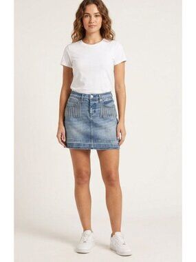 Women's - Idyllwind Denim Rhinestone Fringe Mini Skirt, Size XS